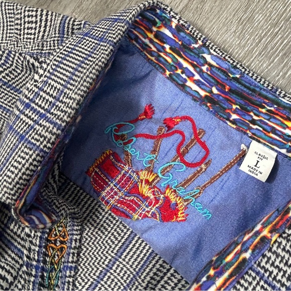Robert Graham Mens Shirt XL Gray Blue Plaid Bubble Effect Flip Cuff Long Sleeve - Picture 7 of 9
